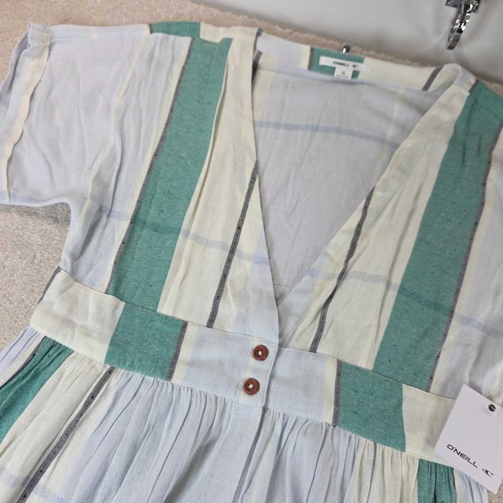 O'Neill Striped V-Neck Maxi Dress in Light Blue and Mint
